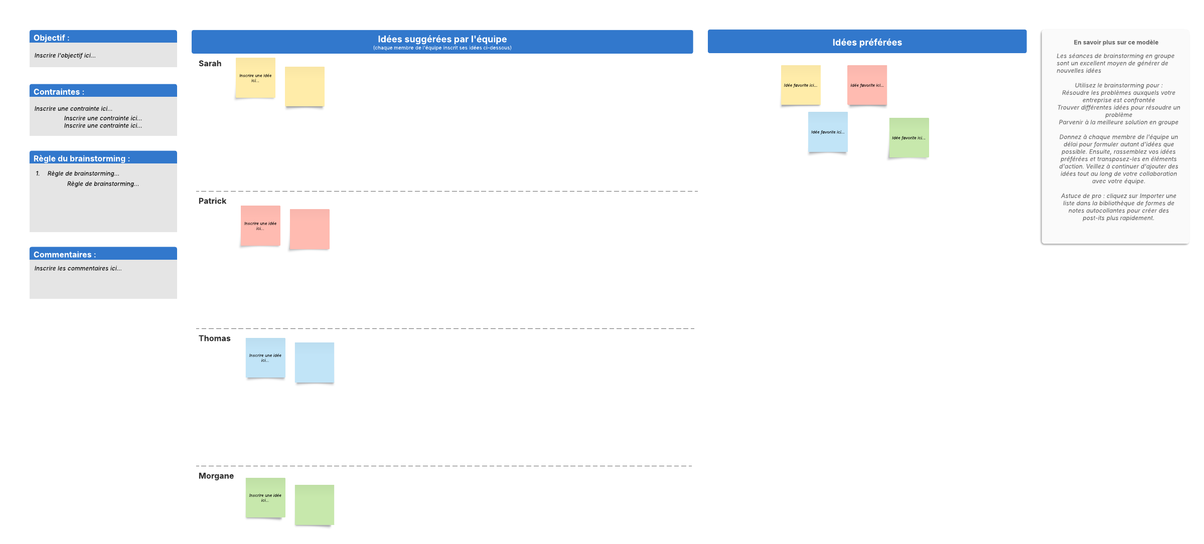 Ce modèle de brainstorming collaboratif peut vous aider à :

- Résoudre les problèmes auxquels votre entreprise est confrontée 
- Trouver différentes idées pour résoudre un problème
- Parvenir à la meilleure solution en groupe

Ouvrez ce modèle de diagramme de brainstorming collaboratif et ajoutez-y du contenu pour le personnaliser selon votre cas d'utilisation.